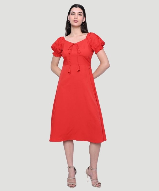Indusvale Women's Red Solid Regular Fit A-line Midi Dress