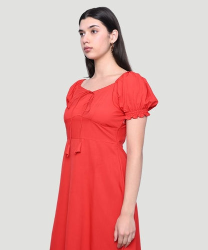 Indusvale Women's Red Solid Regular Fit A-line Midi Dress